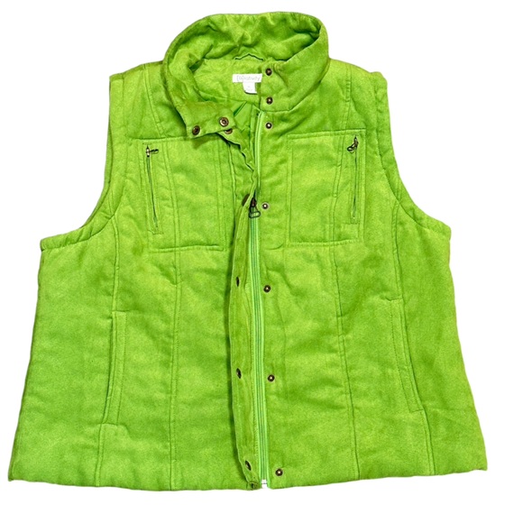 Relativity Bright Green Faux Suede Vest W/ Brass Colored Snaps & Zipper (XL) - Picture 9 of 12